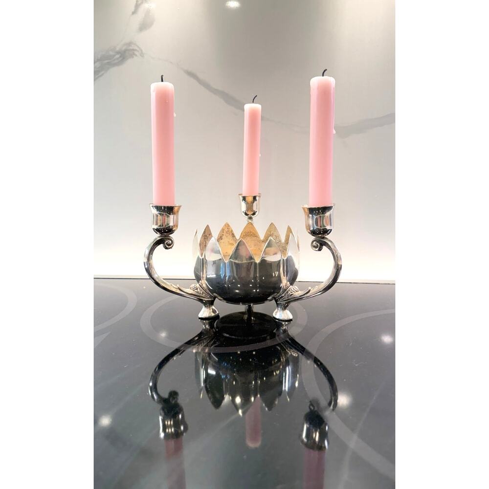 Vintage Silverplate Lotus Flower Centerpiece Triple Candle Holder Bowl